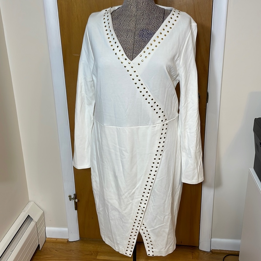 Carmen Marc Valvo Womens 14 White Long Sleeve Dress Gold Studded Accents